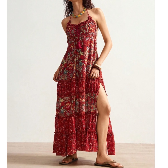  Boho Floral Print Halter High Waisted Backless Maxi Dress - Picture 1 of 4